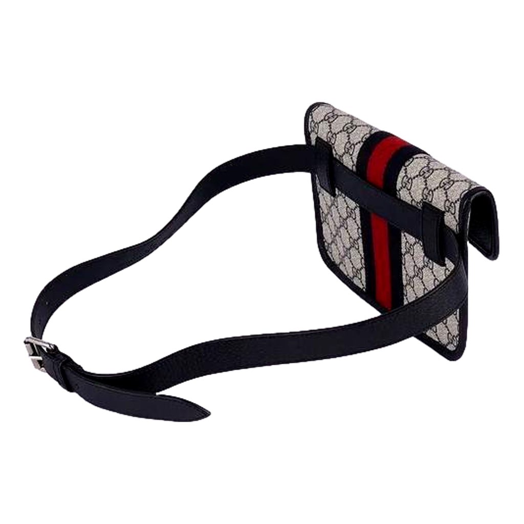 Gucci Gucci Ophidia Flap Belt Bag GG Beige Coated Canvas Navy and Red - 4
