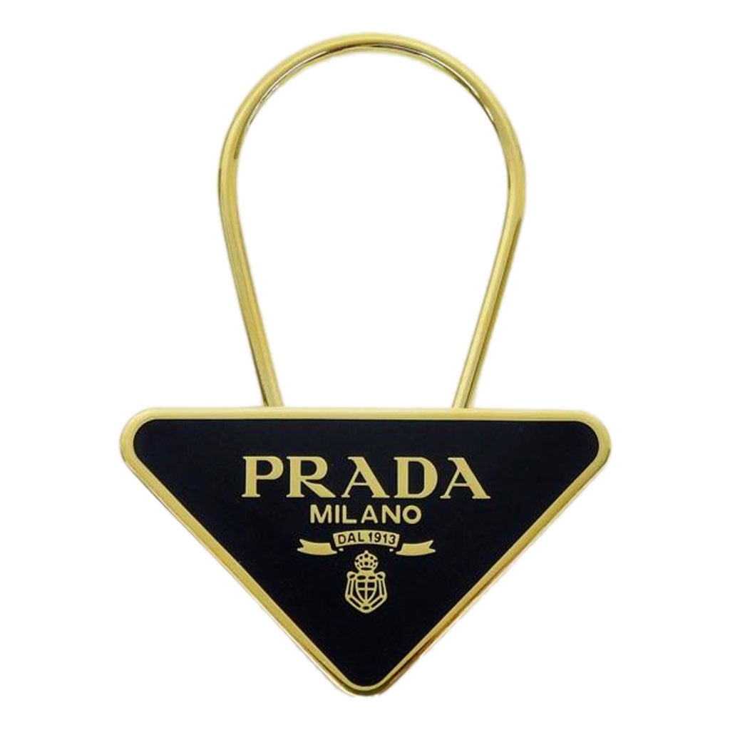 Prada Prada Enameled Metal Logo Pin Key Ring Black and Gold Purse Charm