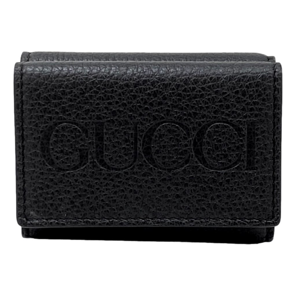 Gucci Gucci Embossed Logo Mini Tri-Fold Wallet Black Pebbled Leather