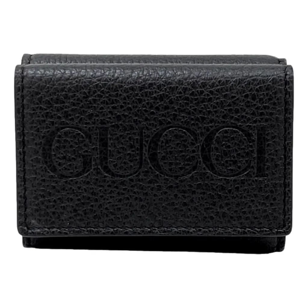 Gucci Embossed Logo Mini Tri-Fold Wallet Black Pebbled Leather Black Leather Never worn, with tag - Front View