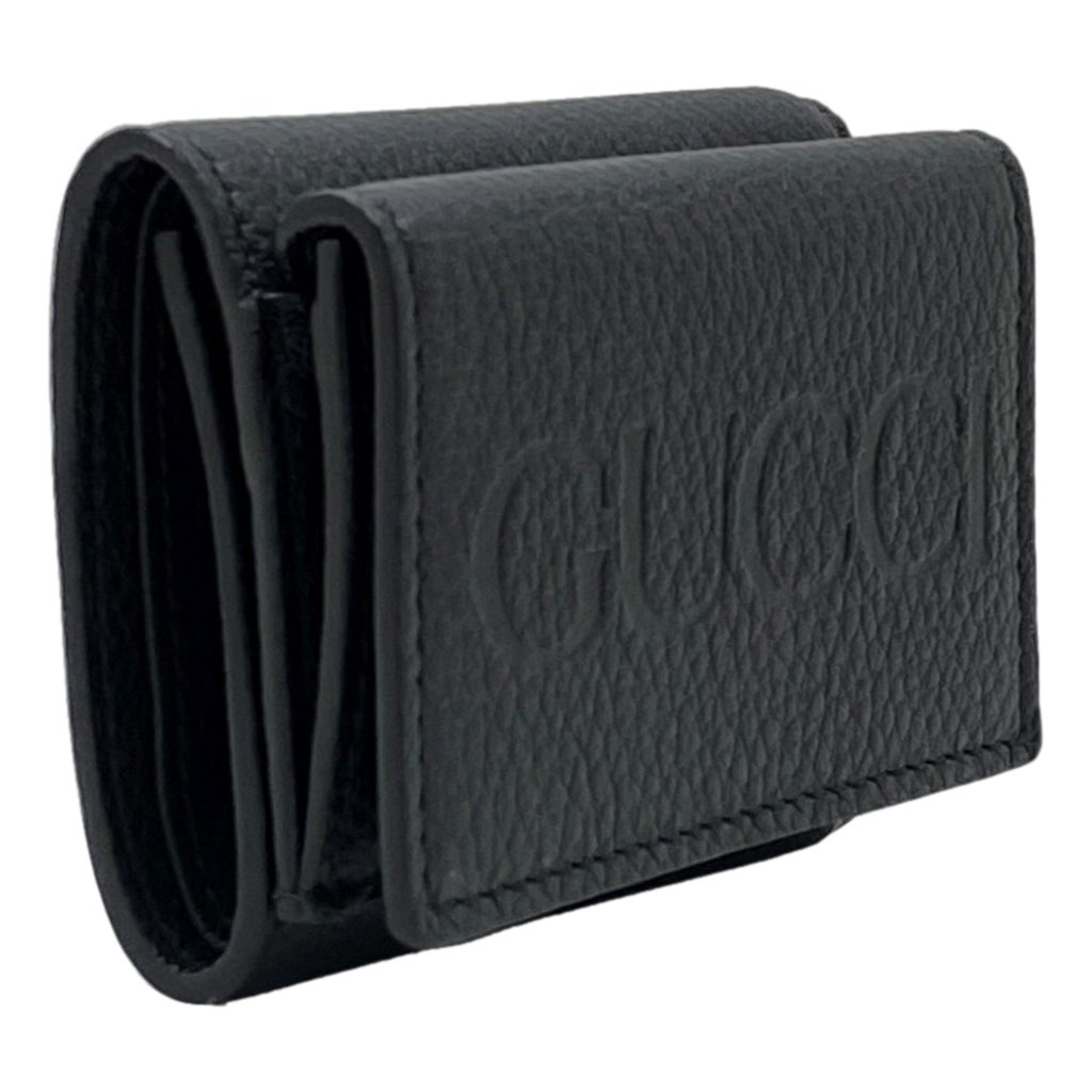 Gucci Gucci Embossed Logo Mini Tri-Fold Wallet Black Pebbled Leather - Back view