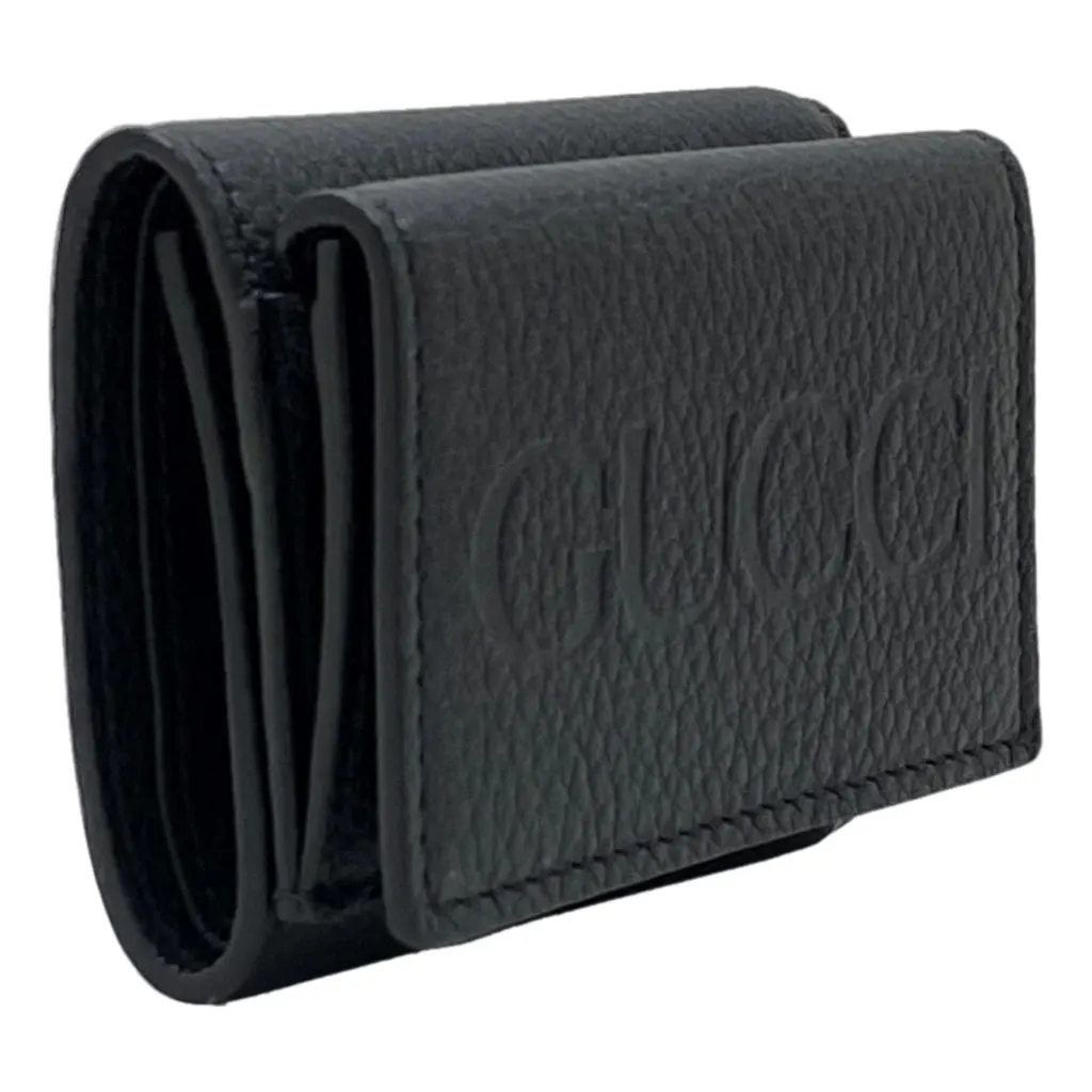 Gucci Embossed Logo Mini Tri-Fold Wallet Black Pebbled Leather Black Leather Never worn, with tag - Back View