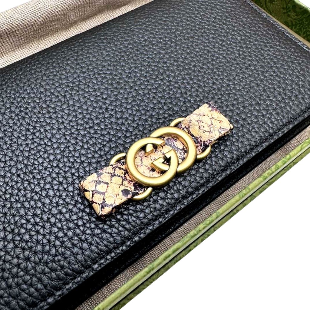 Gucci Gucci Interlocking Double G Python Leather Bow Chain Wallet Black - Detail 2