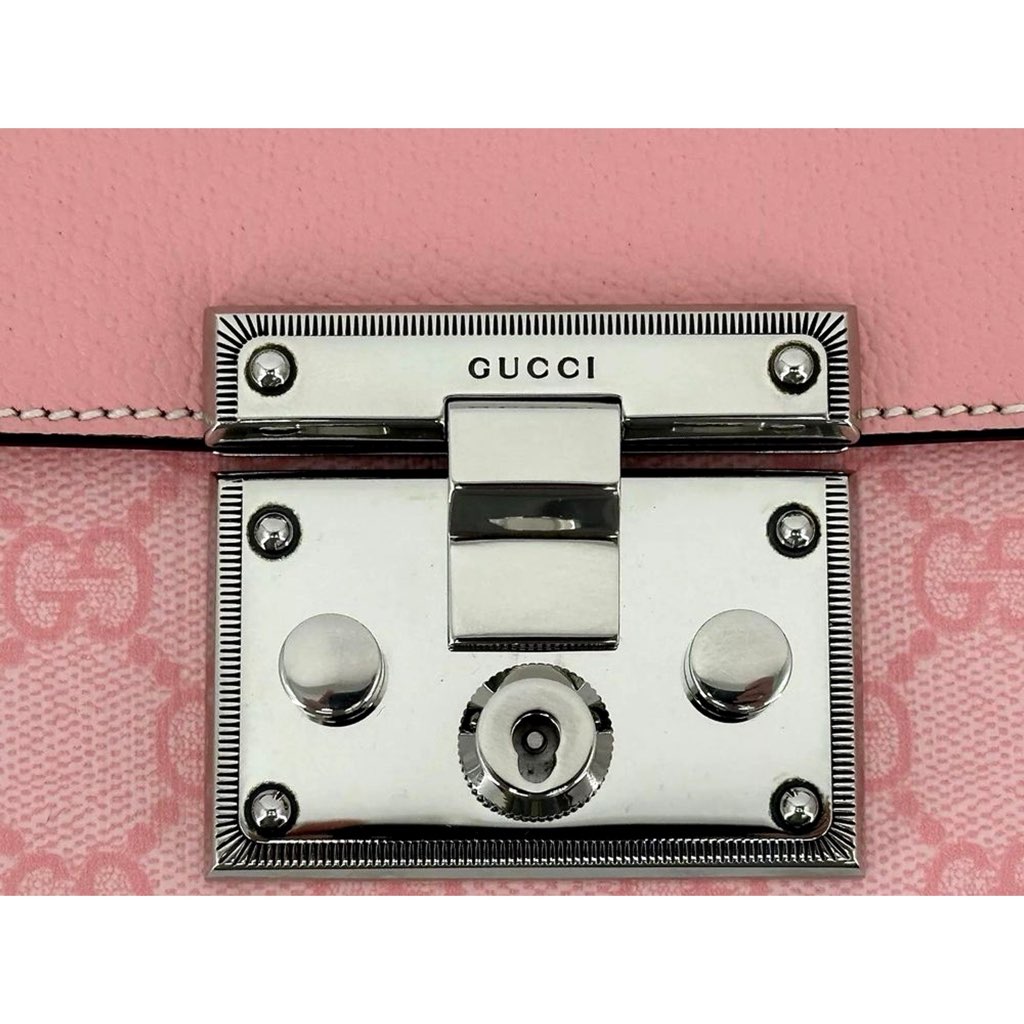 Gucci Gucci Pink GG Supreme Leather Padlock Chain Small Handbag Pink - Image 14