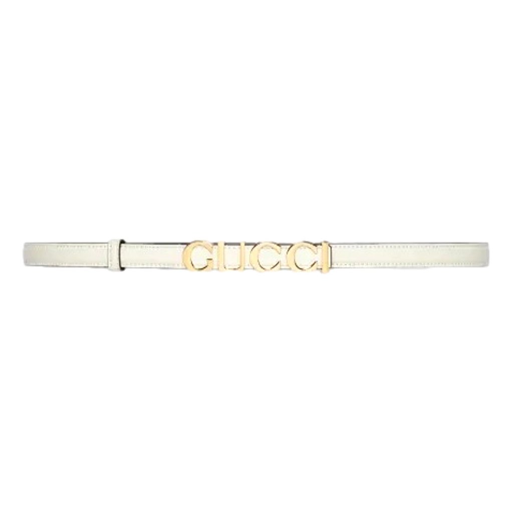 Gucci Gucci Cream Thin Leather Belt with Metal Gold Logo Lettering Size 85 - Back view