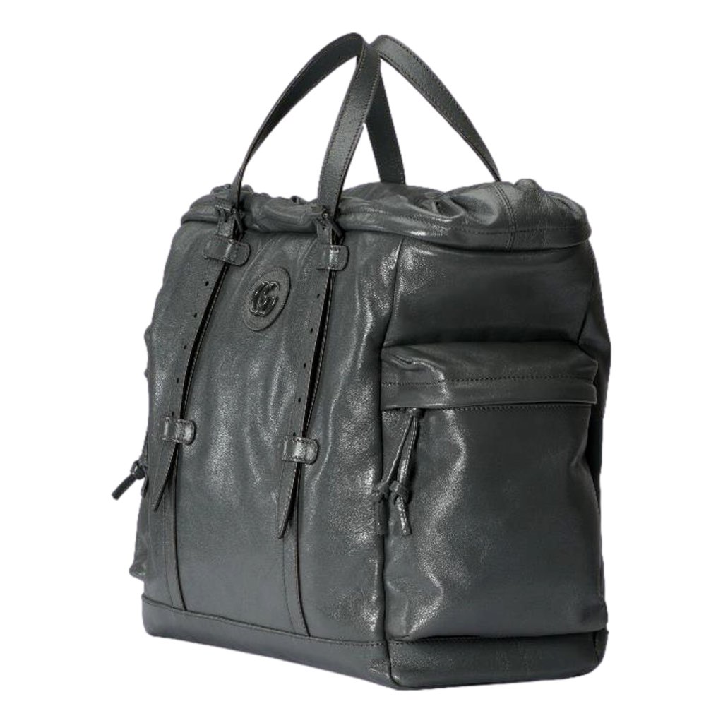 Gucci Gucci Gray Leather Drawstring Tote Bag With Tonal Double G Logo - Image 6