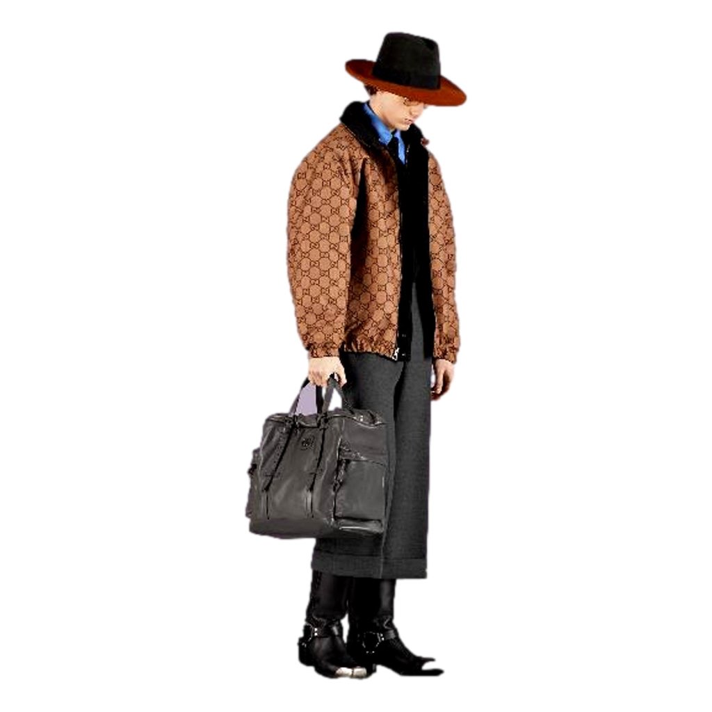 Gucci Gucci Gray Leather Drawstring Tote Bag With Tonal Double G Logo - 4