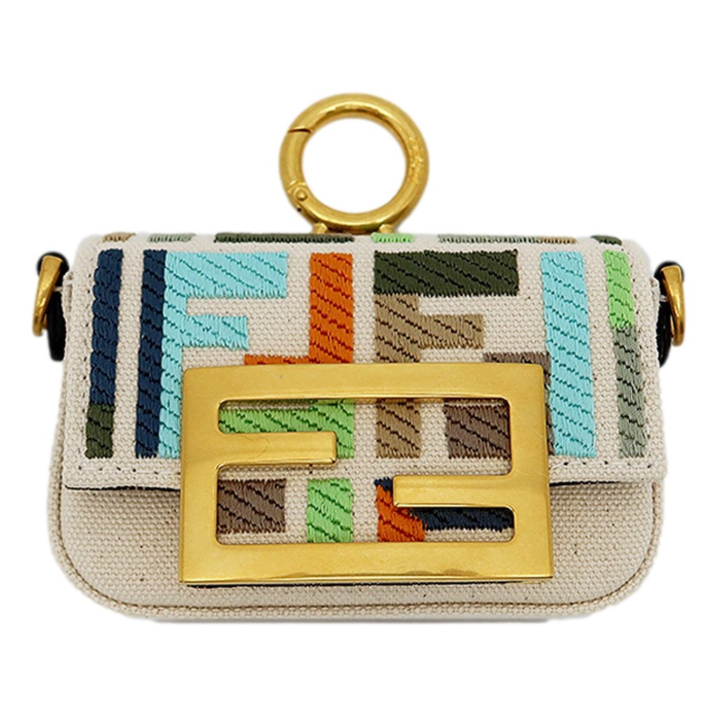 Fendi Fendi Canvas FF Embroidery Nano Baguette Charm Beige Multicolor