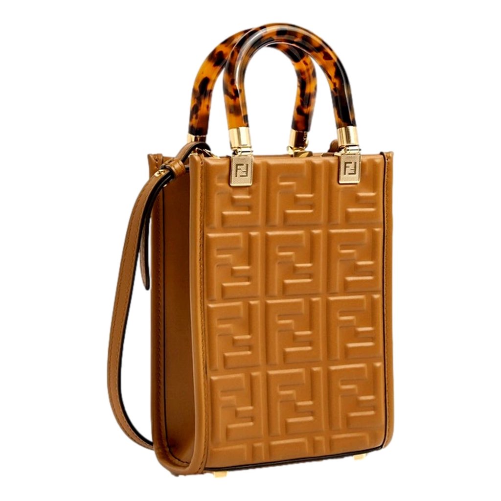 Fendi Fendi FF Zucca Leather Mini Sunshine Shopper Tote Crossbody Bag Caramello Brown - Back view