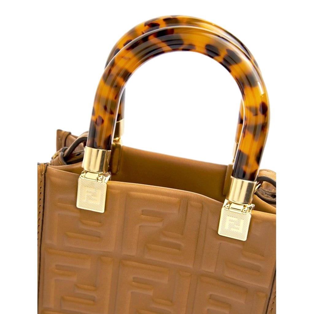 Fendi Fendi FF Zucca Leather Mini Sunshine Shopper Tote Crossbody Bag Caramello Brown - Side view