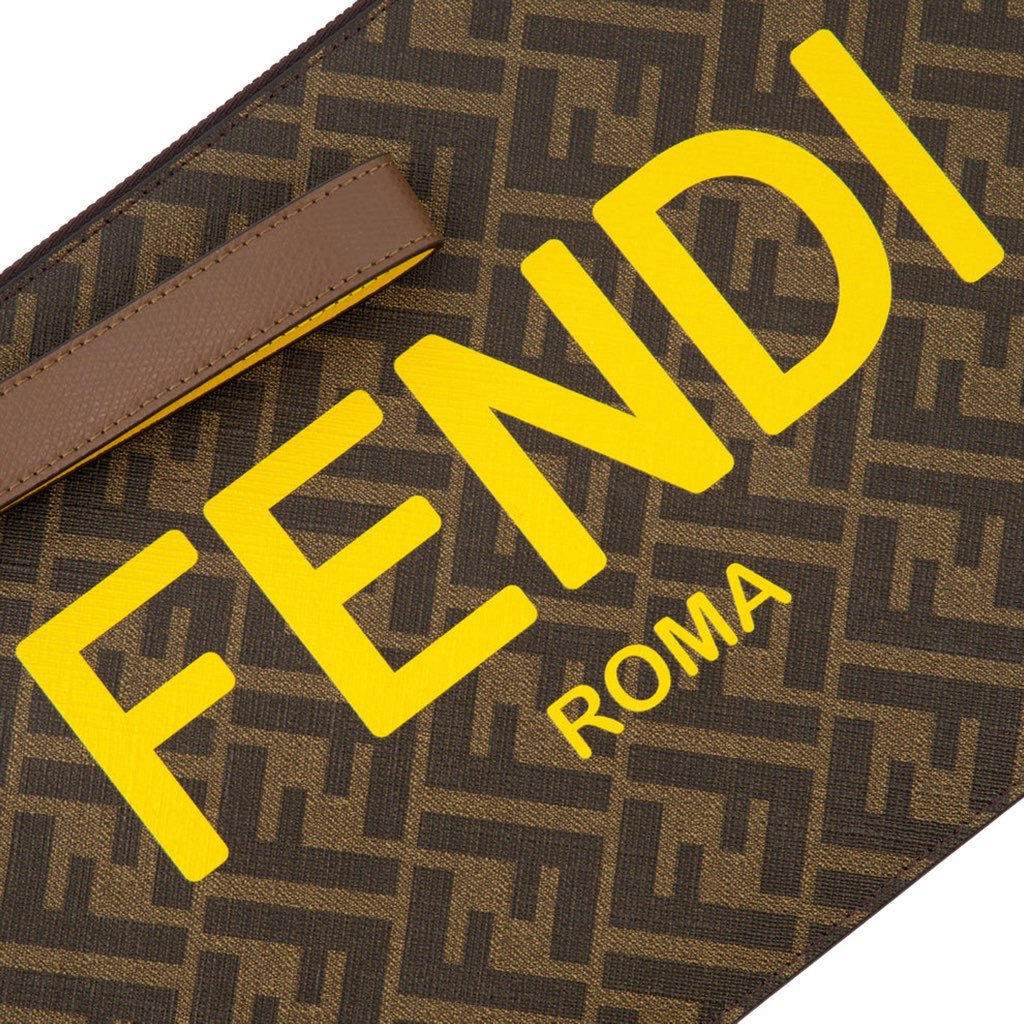 Fendi Fendi Coated Canvas Brown and Yellow Zucca Print Large Pouch Wristlet - Back view
