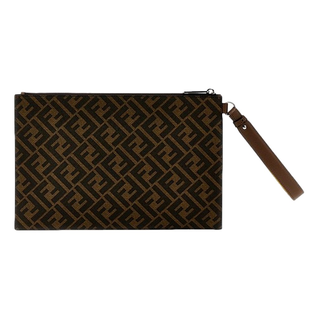 Fendi Fendi Coated Canvas Brown and Yellow Zucca Print Large Pouch Wristlet - Image 6