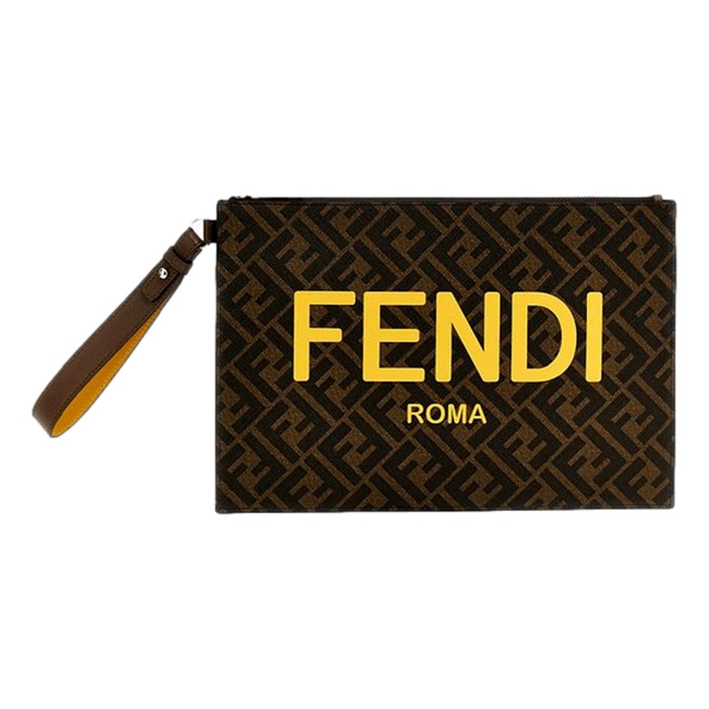 Fendi Fendi Coated Canvas Brown and Yellow Zucca Print Large Pouch Wristlet - Detail 1
