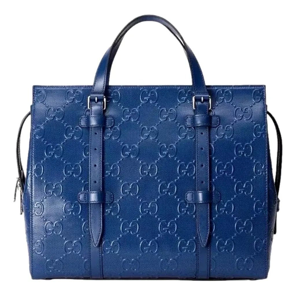 Gucci GG Motif Tennis Embossed Top Handle Medium Tote Bag Blue Blue Leather Never worn, with tag - Front View