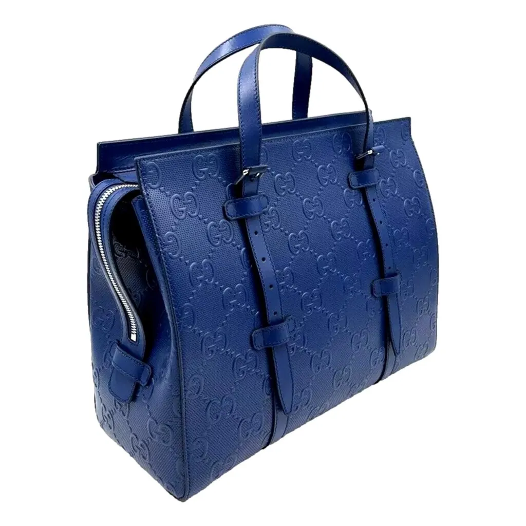 Gucci GG Motif Tennis Embossed Top Handle Medium Tote Bag Blue Blue Leather Never worn, with tag - Back View