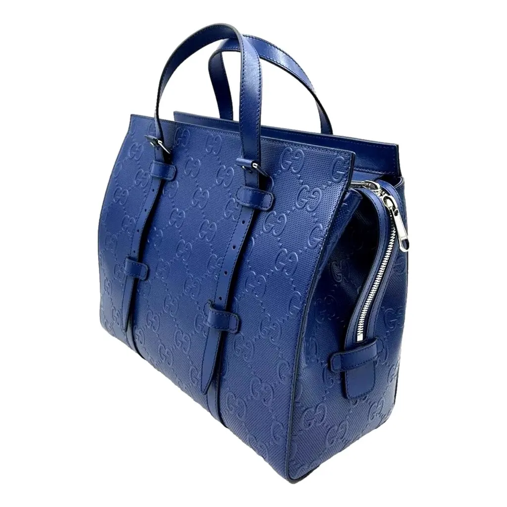 Gucci GG Motif Tennis Embossed Top Handle Medium Tote Bag Blue Blue Leather Never worn, with tag - Inside View