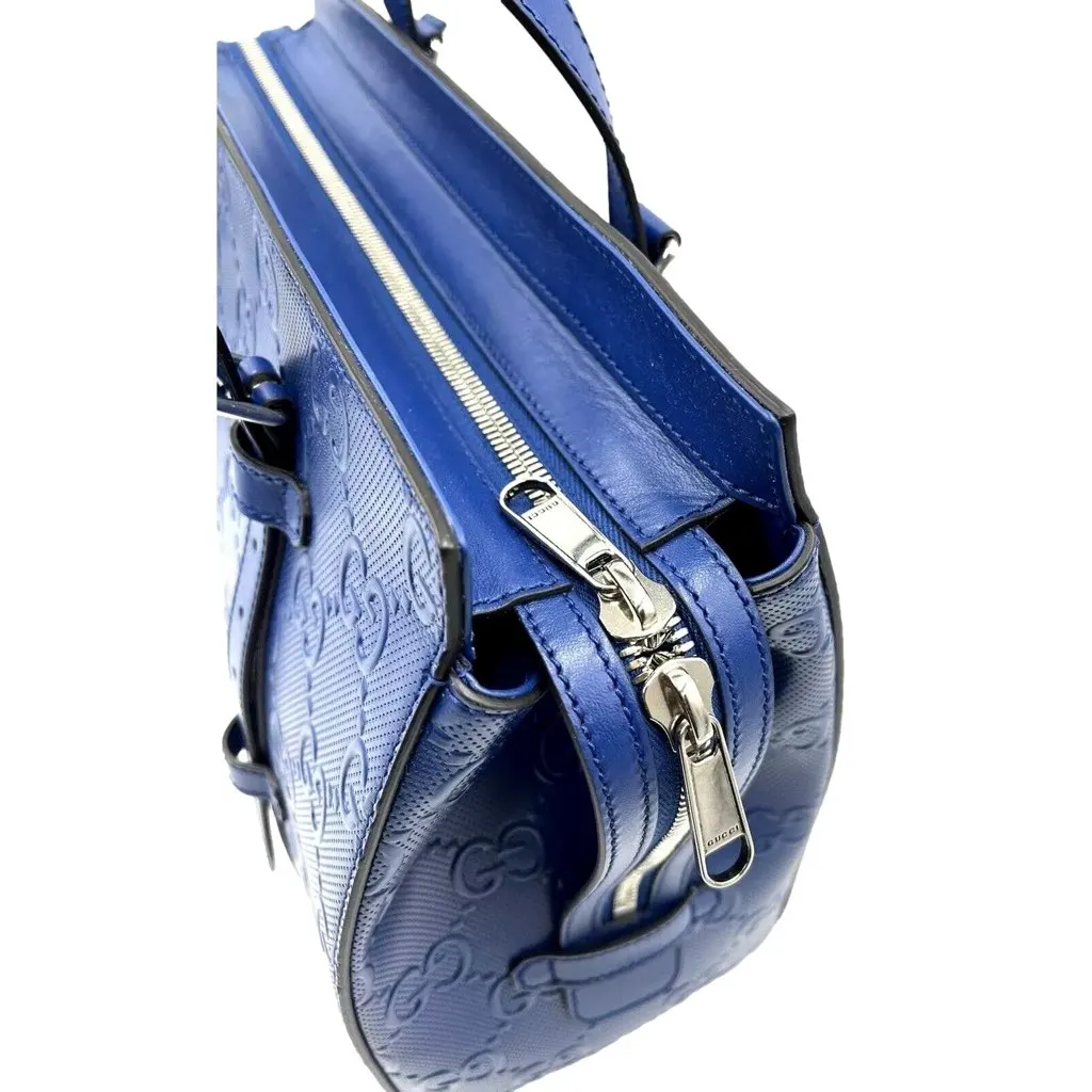 Gucci GG Motif Tennis Embossed Top Handle Medium Tote Bag Blue Blue Leather Never worn, with tag - Model View
