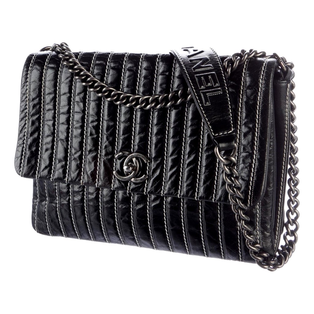 Chanel Chanel White Vertical Stitch Black Flap Bag