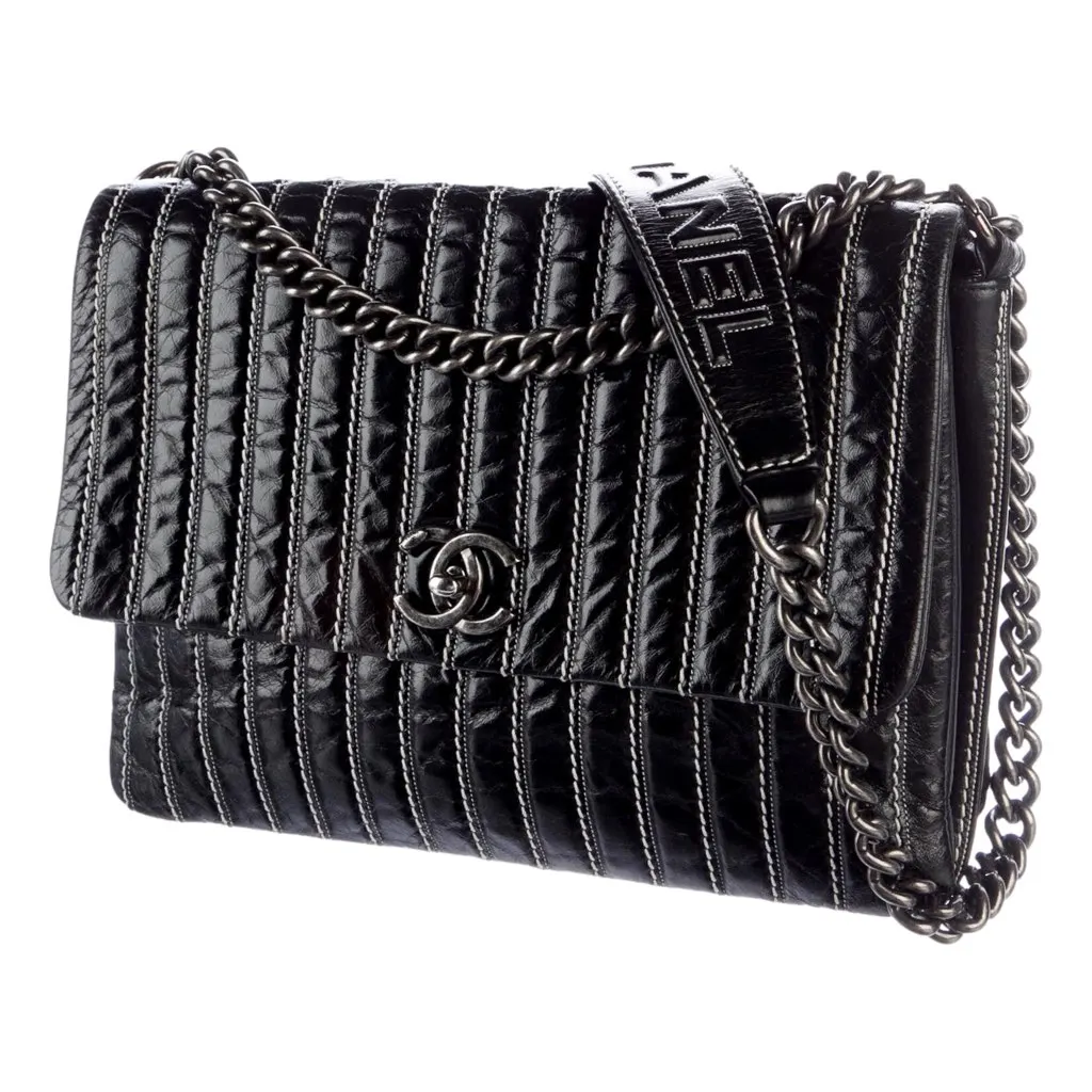 Chanel White Vertical Stitch Black Flap Bag Black Leather Good - Front View