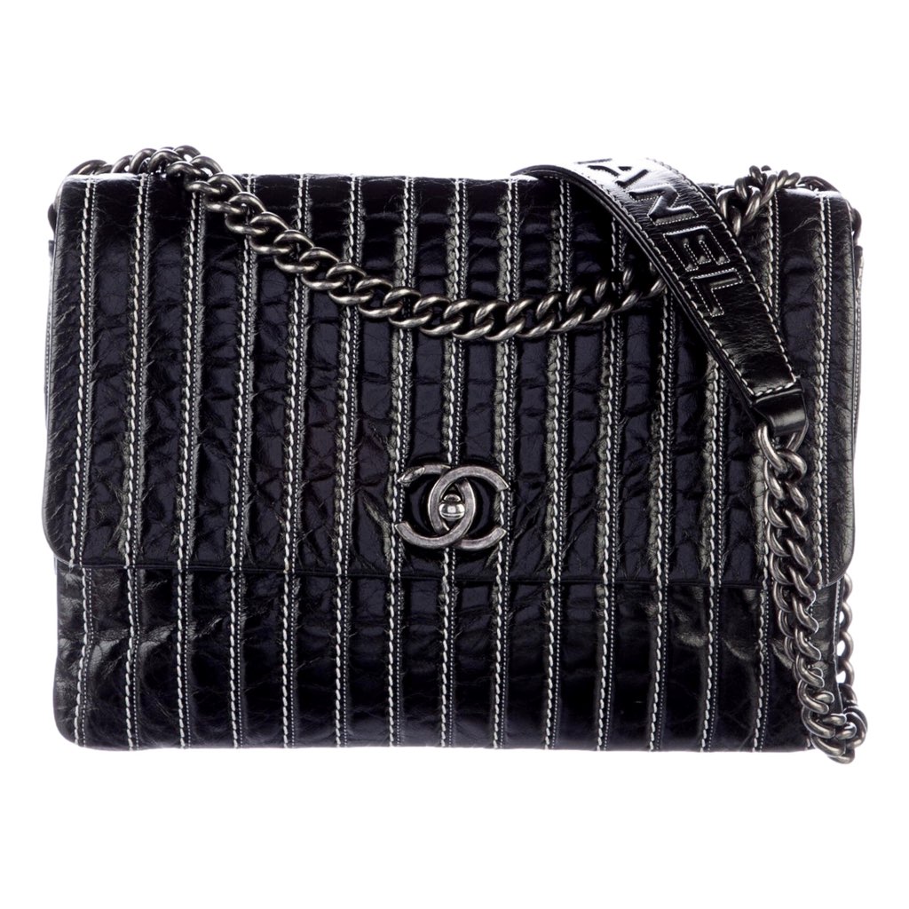 Chanel Chanel White Vertical Stitch Black Flap Bag - Back view