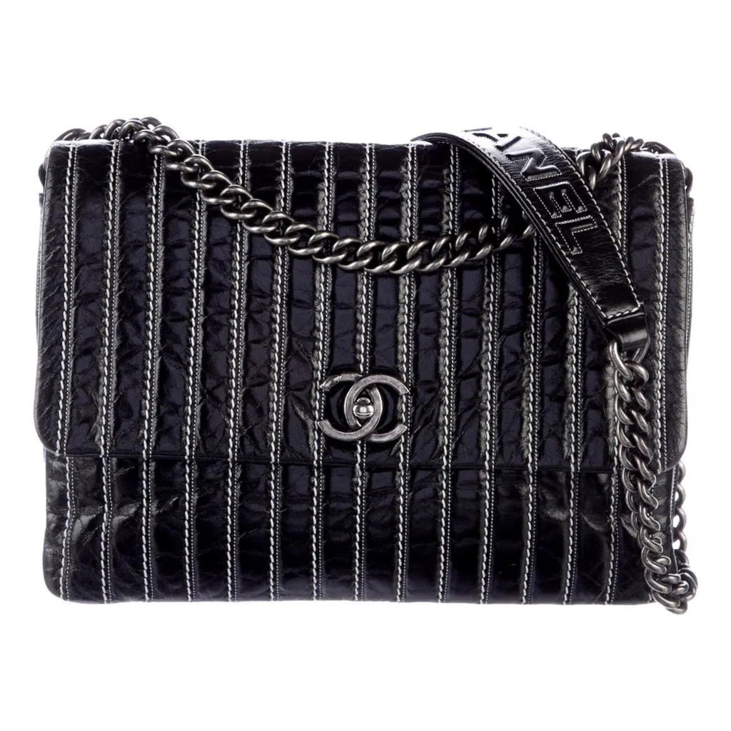 Chanel White Vertical Stitch Black Flap Bag Black Leather Good - Back View