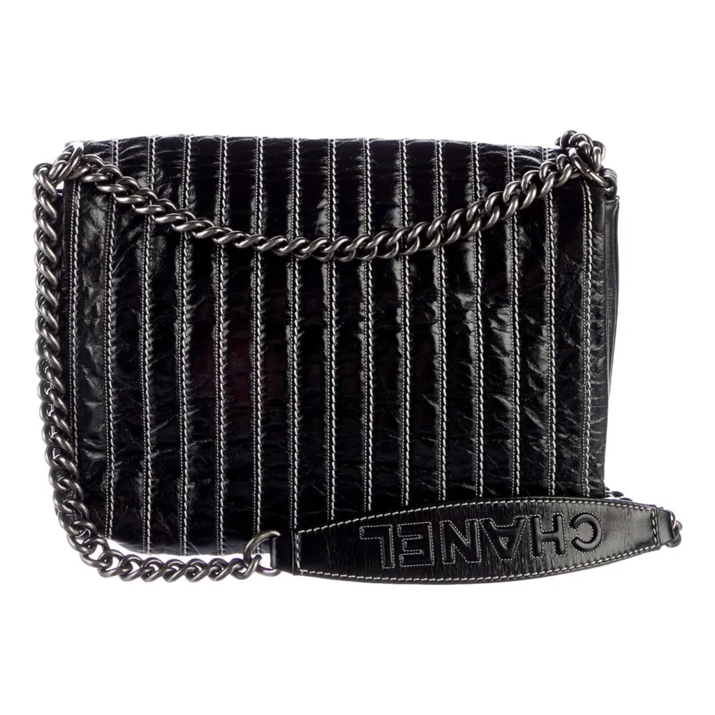 Chanel White Vertical Stitch Black Flap Bag Black Leather Good - Inside View
