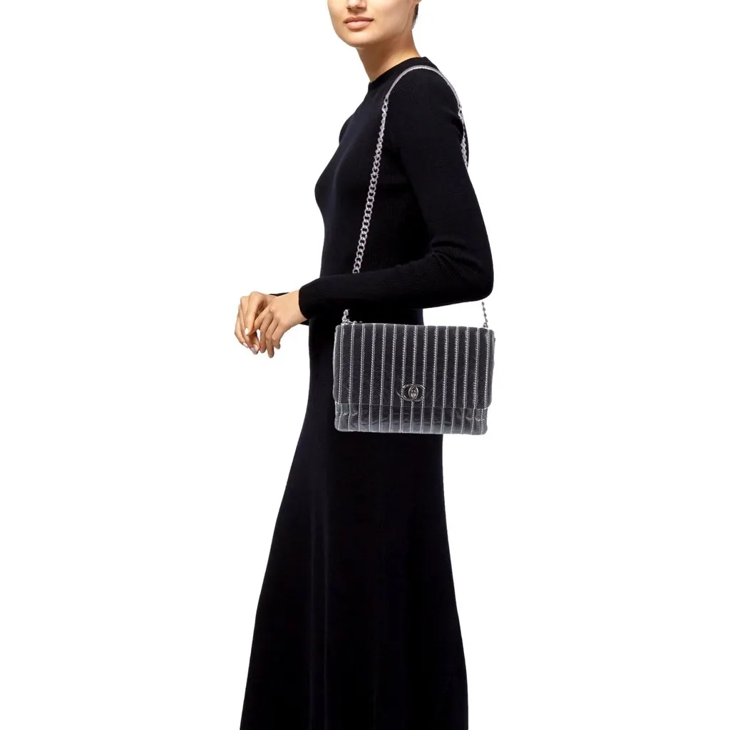 Chanel White Vertical Stitch Black Flap Bag Black Leather Good - Box View