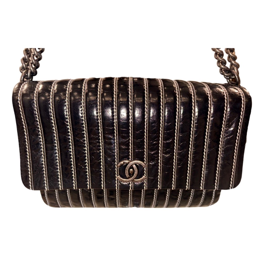 Chanel Chanel White Vertical Stitch Black Flap Bag - Image 11