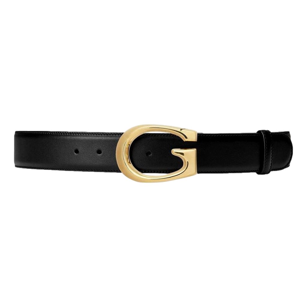 Gucci Gucci G Boarded Dyana Lux Gold Belt Black Leather Size 80/32