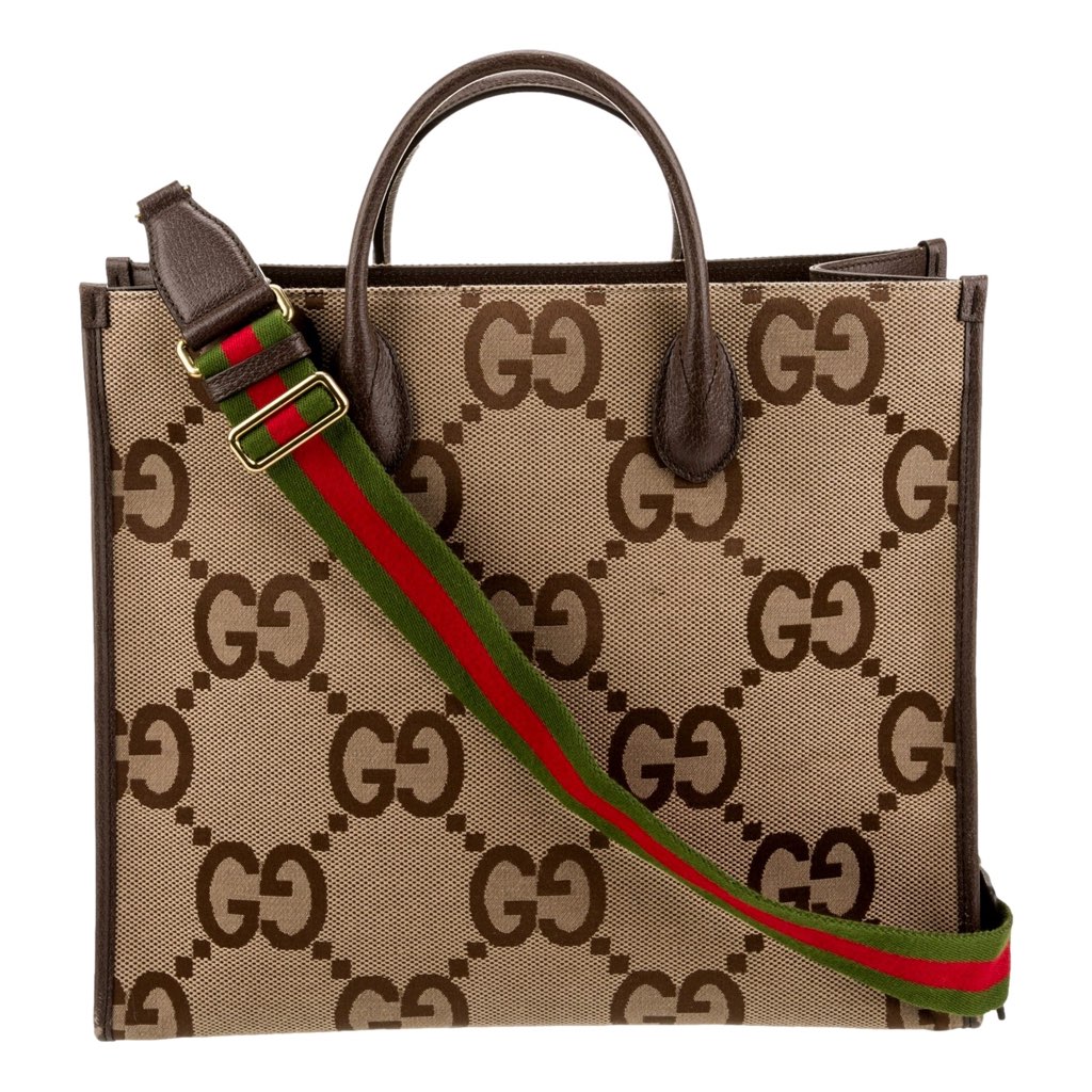 Gucci Gucci Beige Brown Canvas Jumbo GG Tote Bag Web Stripe Shoulder Strap - Back view