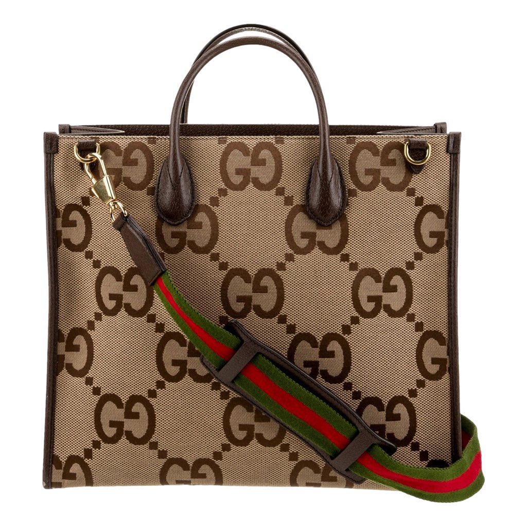 Gucci Gucci Beige Brown Canvas Jumbo GG Tote Bag Web Stripe Shoulder Strap - Side view