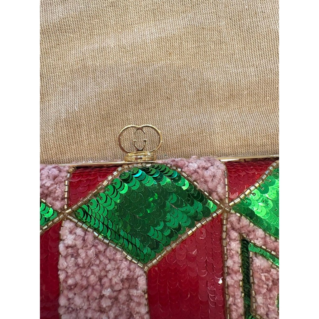 Gucci Gucci Broadway Embellished Sequins and Crystals Red Green Pink Chain Shoulder Bag Clutch - 4