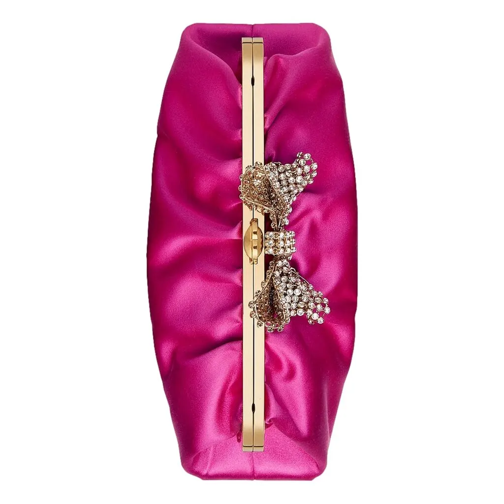 Gucci Broadway Fuchsia Satin Crystal Bow Clutch Chain Shoulder Bag Pink Never worn, with tag - Model View