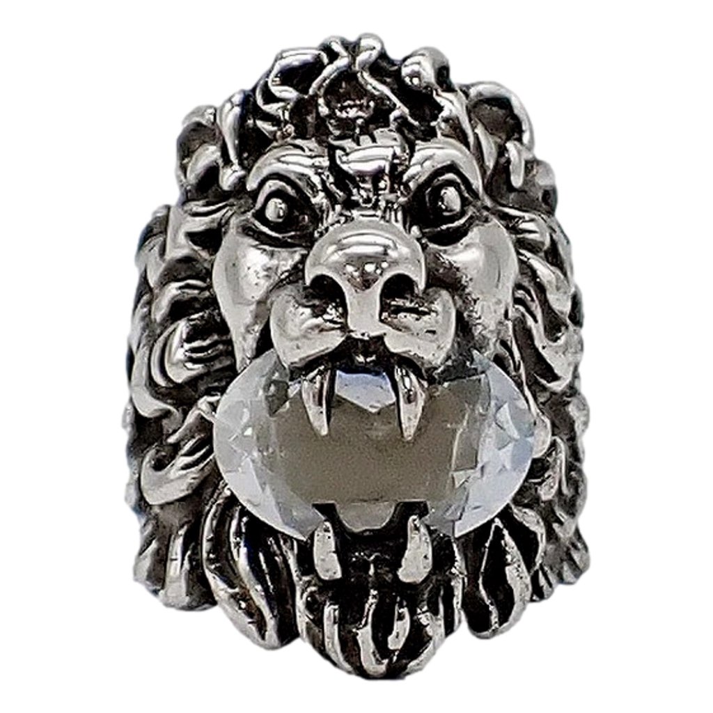 Gucci Gucci Lion Head Motif Silver Ring Crystal Size 13