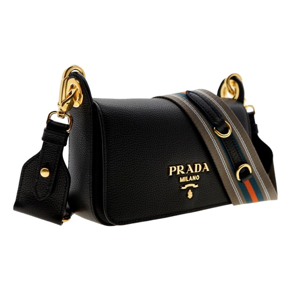 Prada Prada Milano Black Small Leather Crossbody Bag Web Stripe Strap - Back view