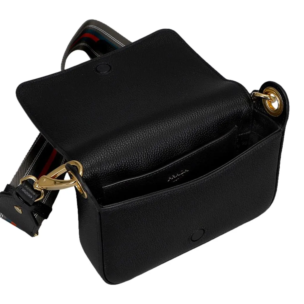 Prada Milano Black Small Leather Crossbody Bag Web Stripe Strap Black Leather Never worn, with tag - Box View