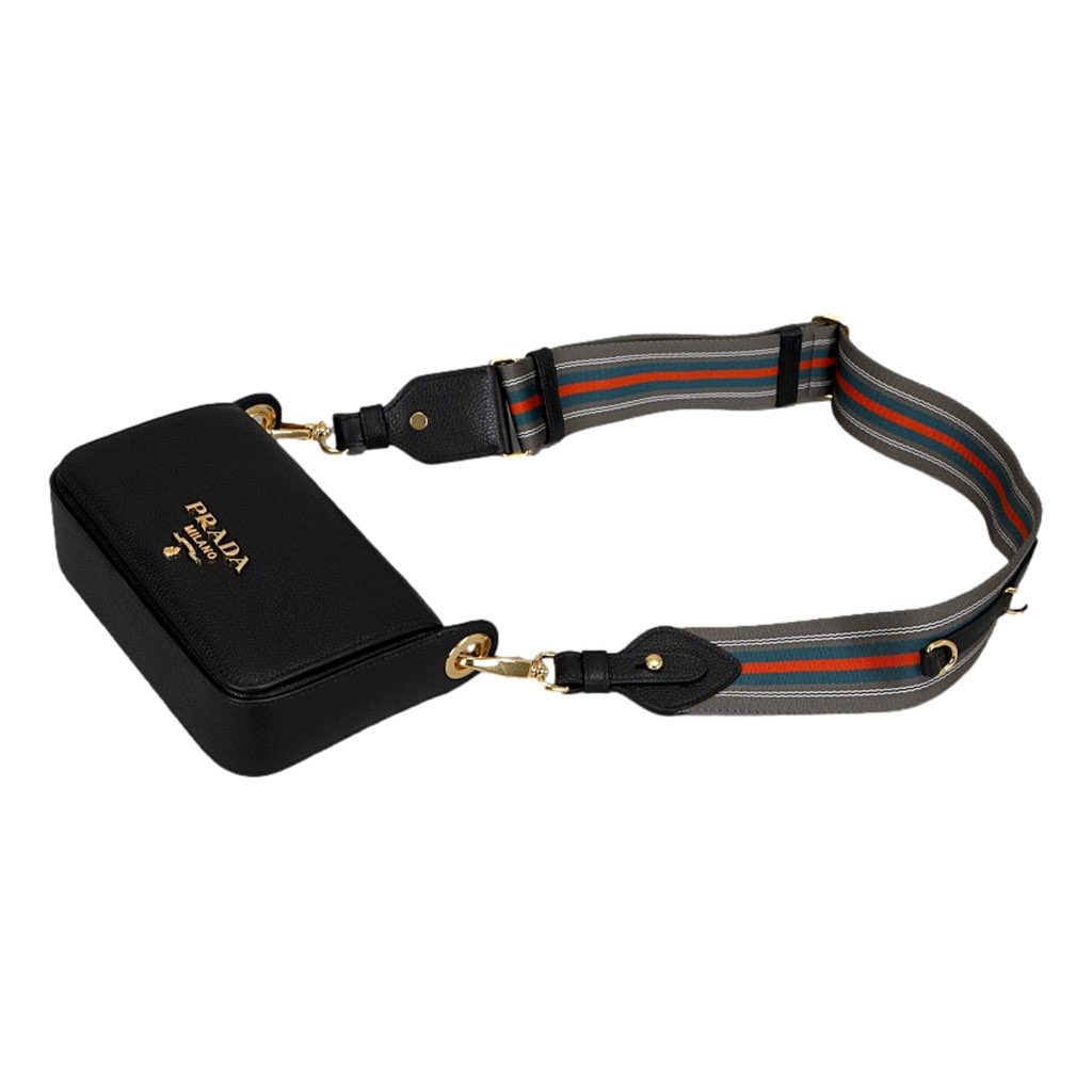Prada Prada Milano Black Small Leather Crossbody Bag Web Stripe Strap - Image 10