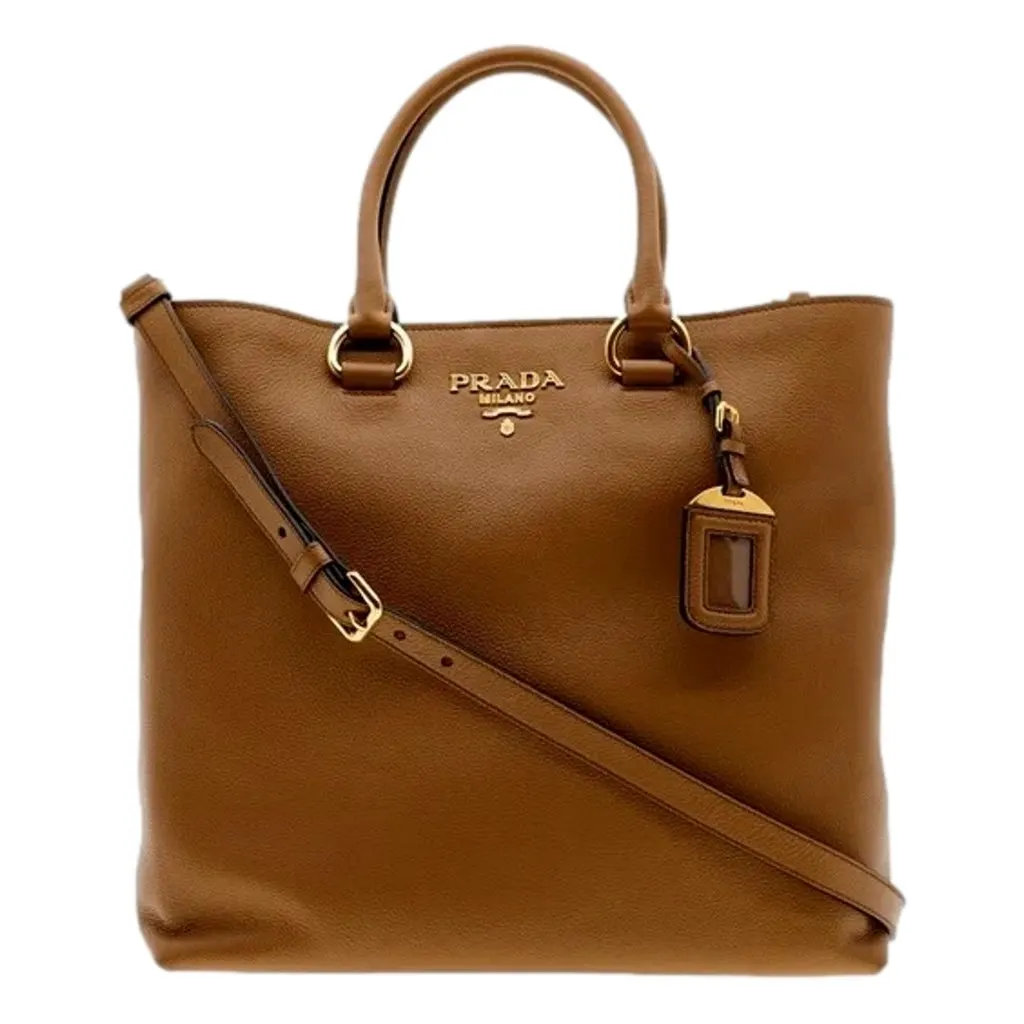 Prada Vitello Phenix Caramel Brown Shopping Tote Bag Brown Leather Never worn, with tag - Front View