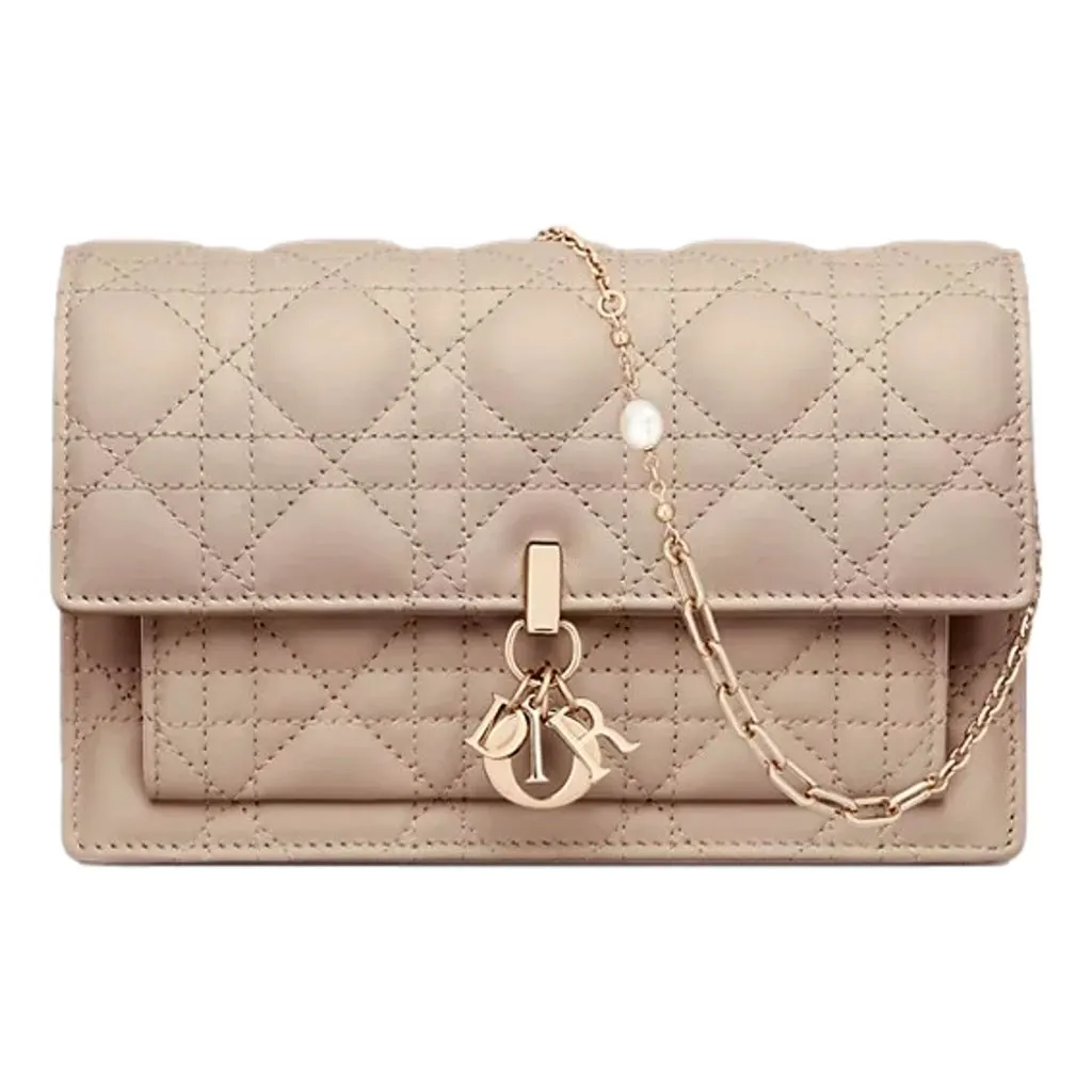 Dior My Dior Daily Pouch with Chain Powder Beige Cannage Lambskin Beige Leather Very good - Front View