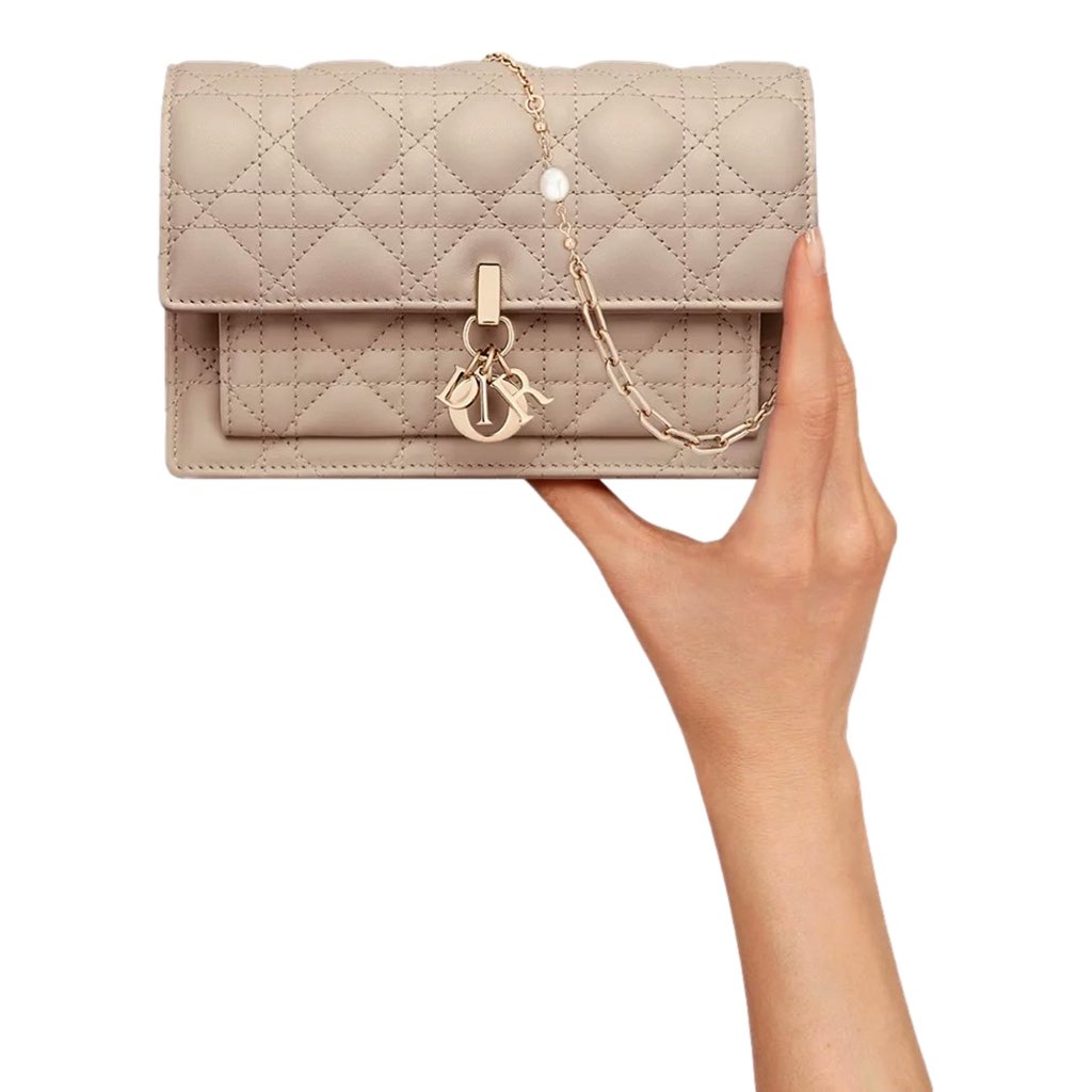Dior My Dior Daily Pouch with Chain Powder Beige Cannage Lambskin - Side view