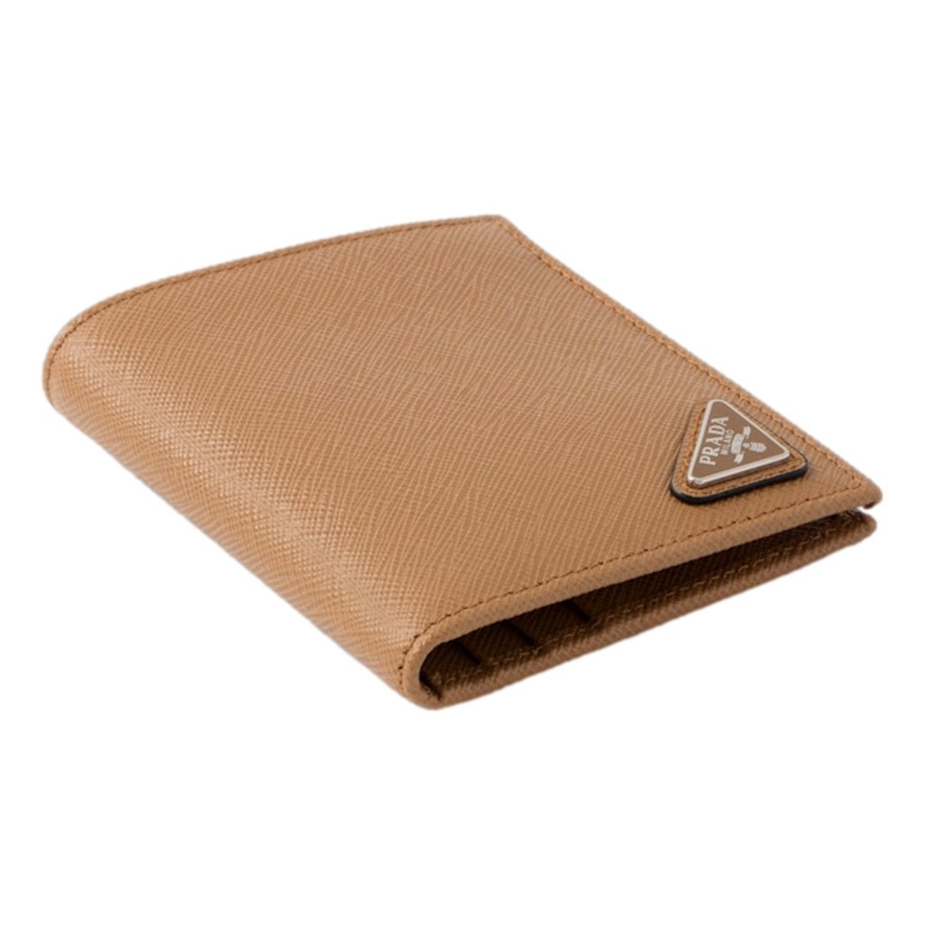 Prada Prada Caramel Saffiano Leather Silver Triangle Logo Bifold Card Holder Wallet