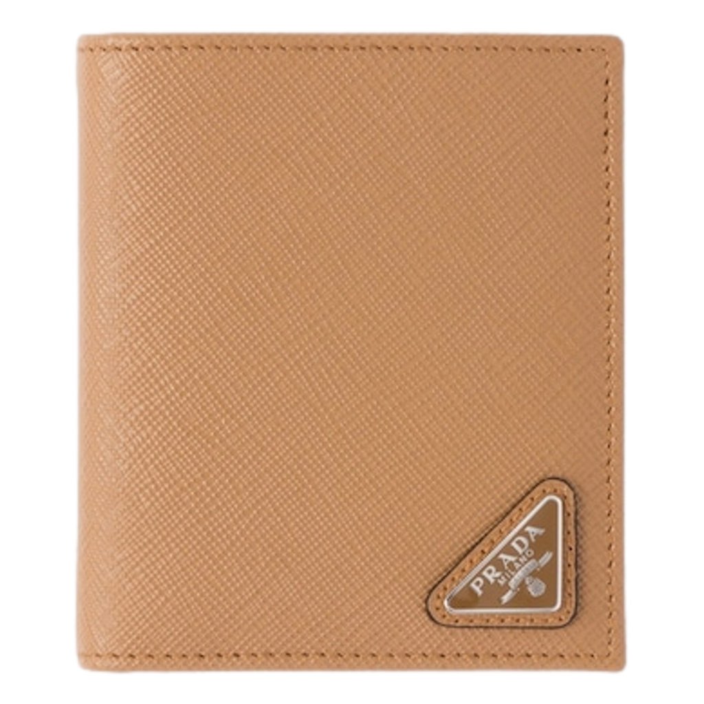 Prada Prada Caramel Saffiano Leather Silver Triangle Logo Bifold Card Holder Wallet - Back view