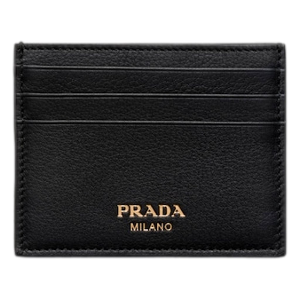 Prada Prada Black Soft Grain Leather Gold Embossed Logo Card Holder Wallet