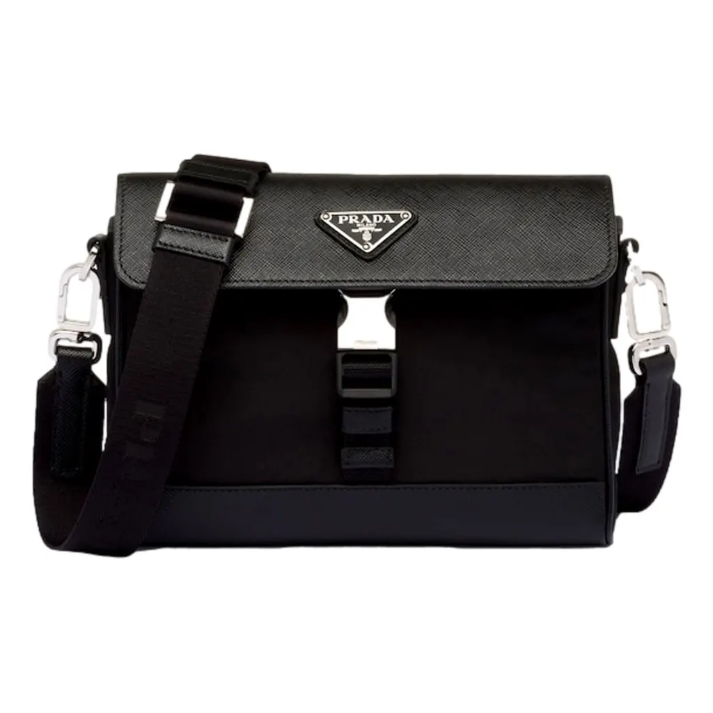 Prada Nero Black Re-Nylon Saffiano Silver Triangle Logo Messenger Crossbody Bag Black Never worn, with tag - Front View