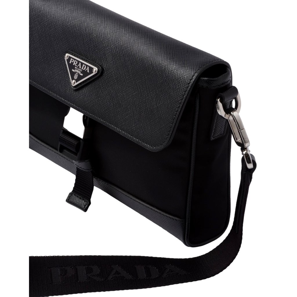Prada Prada Nero Black Re-Nylon Saffiano Silver Triangle Logo Messenger Crossbody Bag - Side view