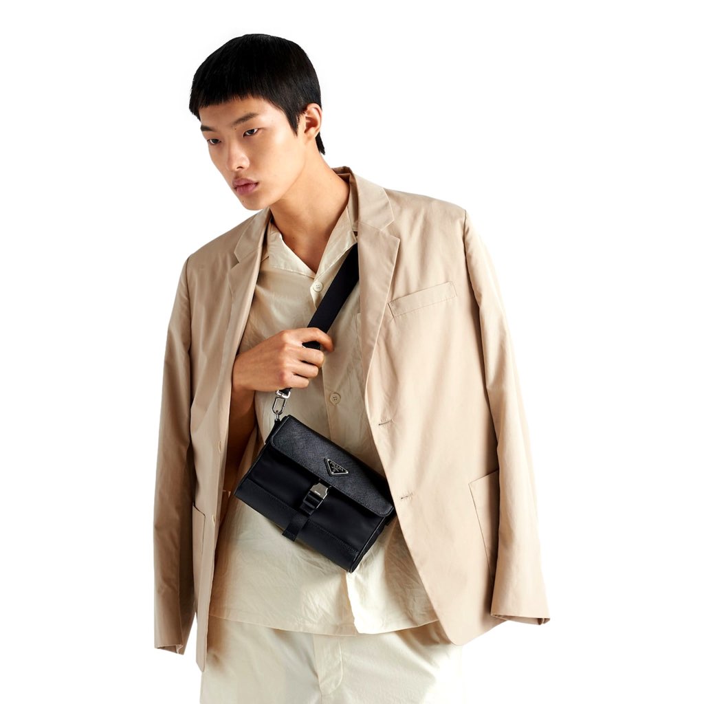 Prada Prada Nero Black Re-Nylon Saffiano Silver Triangle Logo Messenger Crossbody Bag - Detail 2