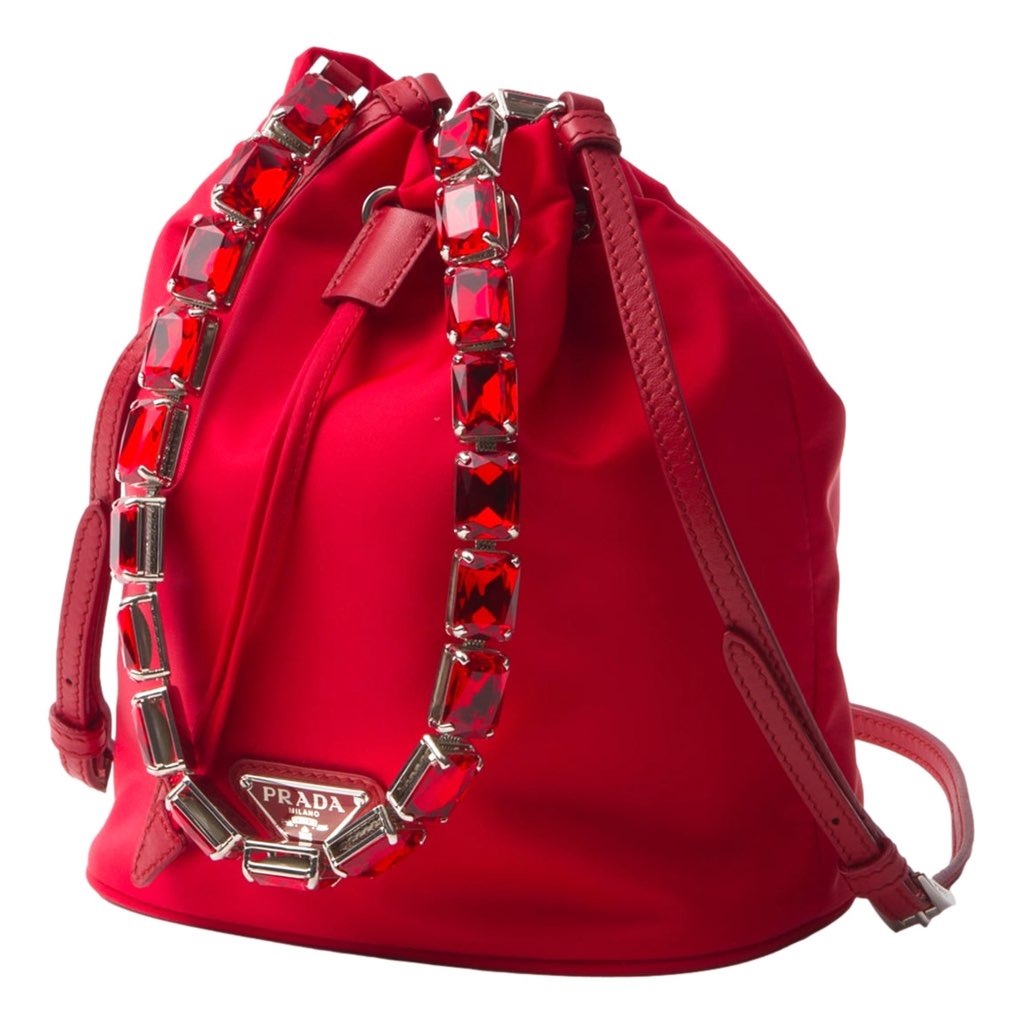 Prada Prada Re-Nylon Rosso Red Drawstring Bucket Bag Embellished Crystal Handle