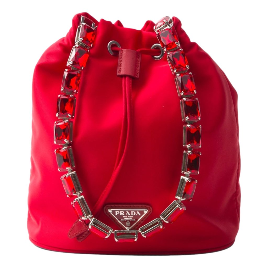 Prada Prada Re-Nylon Rosso Red Drawstring Bucket Bag Embellished Crystal Handle - Back view