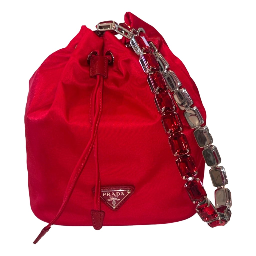 Prada Prada Re-Nylon Rosso Red Drawstring Bucket Bag Embellished Crystal Handle - Image 6