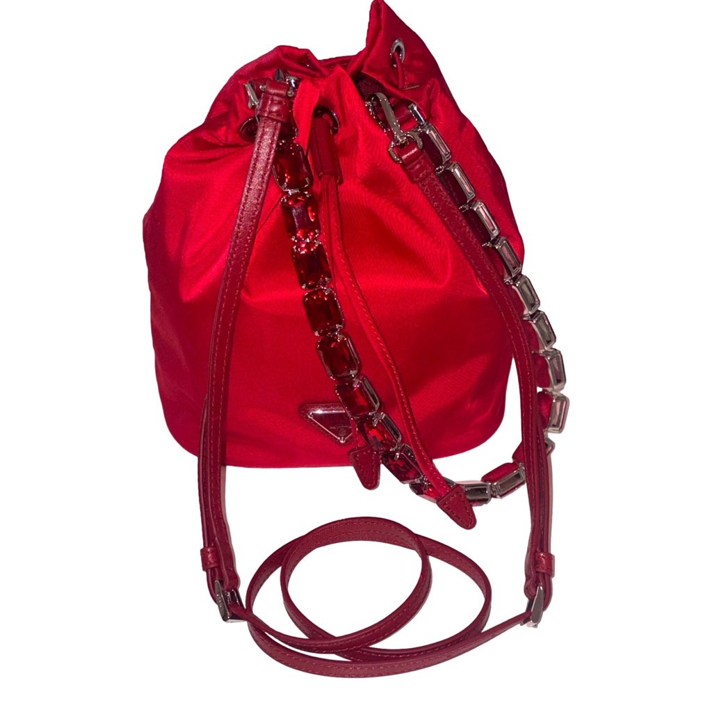 Prada Prada Re-Nylon Rosso Red Drawstring Bucket Bag Embellished Crystal Handle - Side view